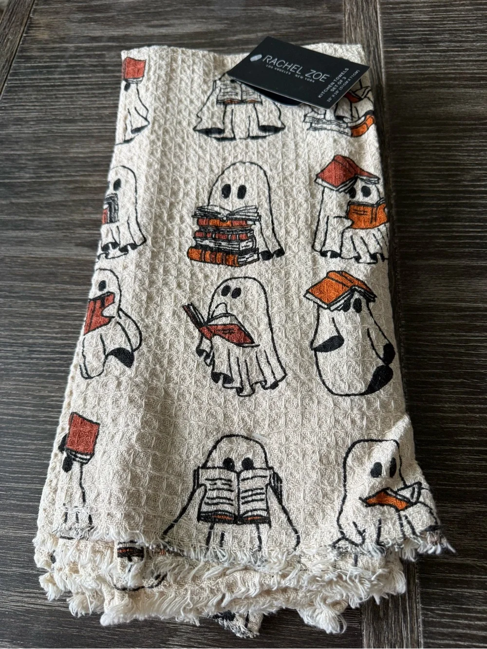 NWT Rachel Zoe Halloween Reading Book ghost Kitchen Towel set of 3